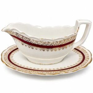 Salisbury Bone China Sarum Gravy Boat and Underplate Burgundy Gold England